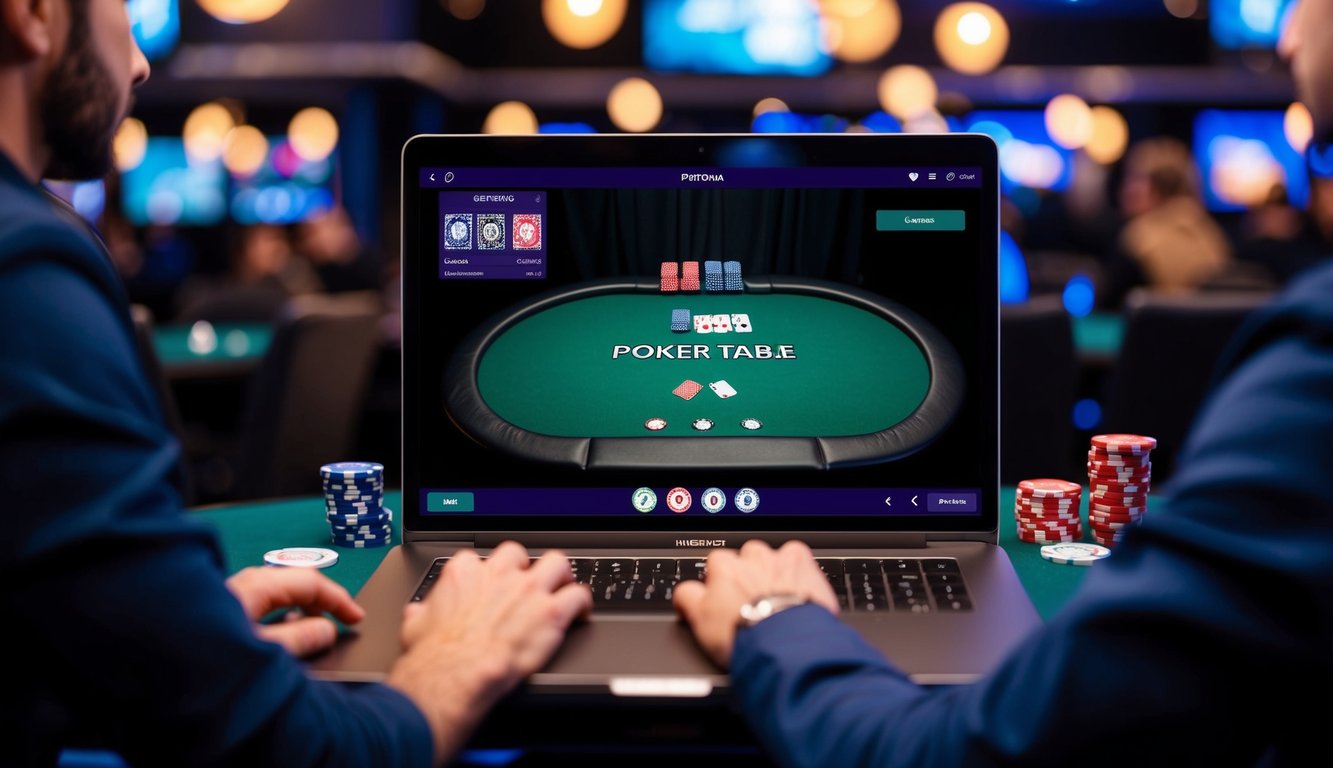 Sebuah perangkat digital yang menampilkan meja poker dengan kartu dan chip, dikelilingi oleh lingkungan permainan yang modern dan bergaya