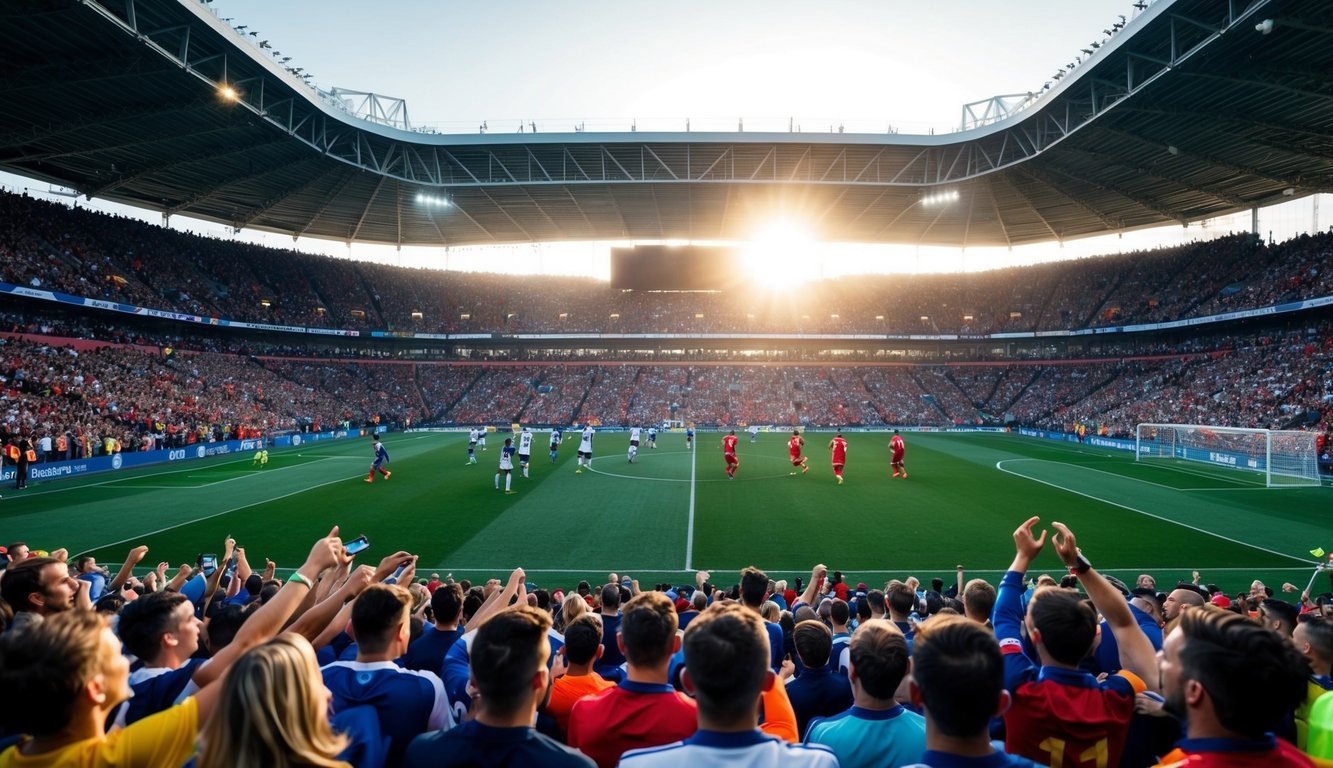 Sebuah stadion yang ramai dengan penggemar yang bersorak dan pemain di lapangan sepak bola