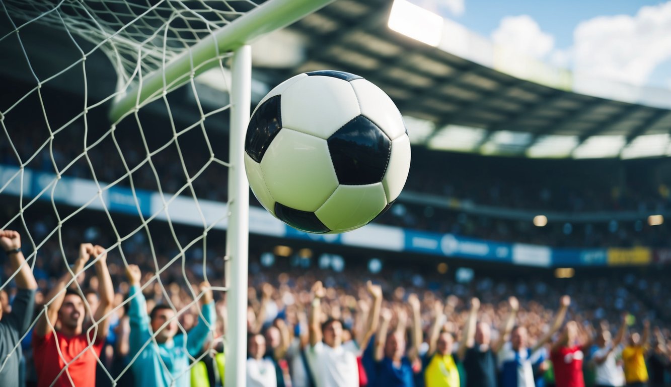 Sebuah bola sepak terbang ke dalam jaring gawang, dikelilingi oleh penggemar yang bersorak di stadion