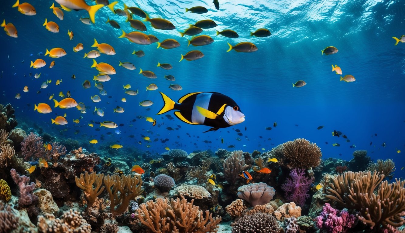 Dunia bawah laut yang ramai dengan ikan berwarna-warni dan terumbu karang yang memukau