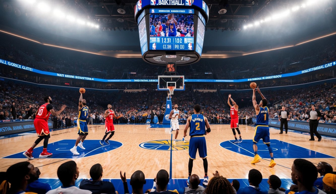 Sebuah lapangan basket dengan pemain yang sedang beraksi, penggemar bersorak, dan papan skor menampilkan pertandingan NBA