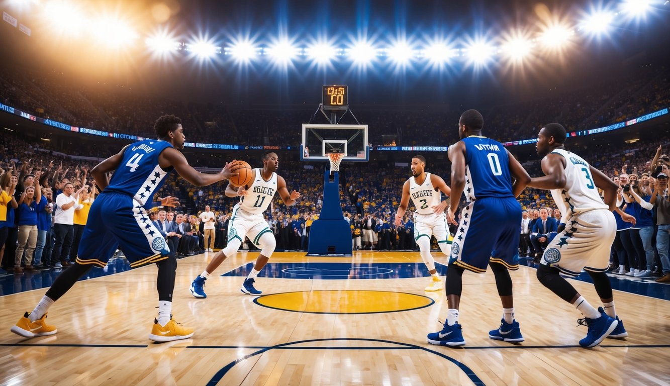 Sebuah lapangan basket dengan pemain yang sedang beraksi, dikelilingi oleh penggemar yang bersorak dan diterangi oleh lampu stadion yang terang