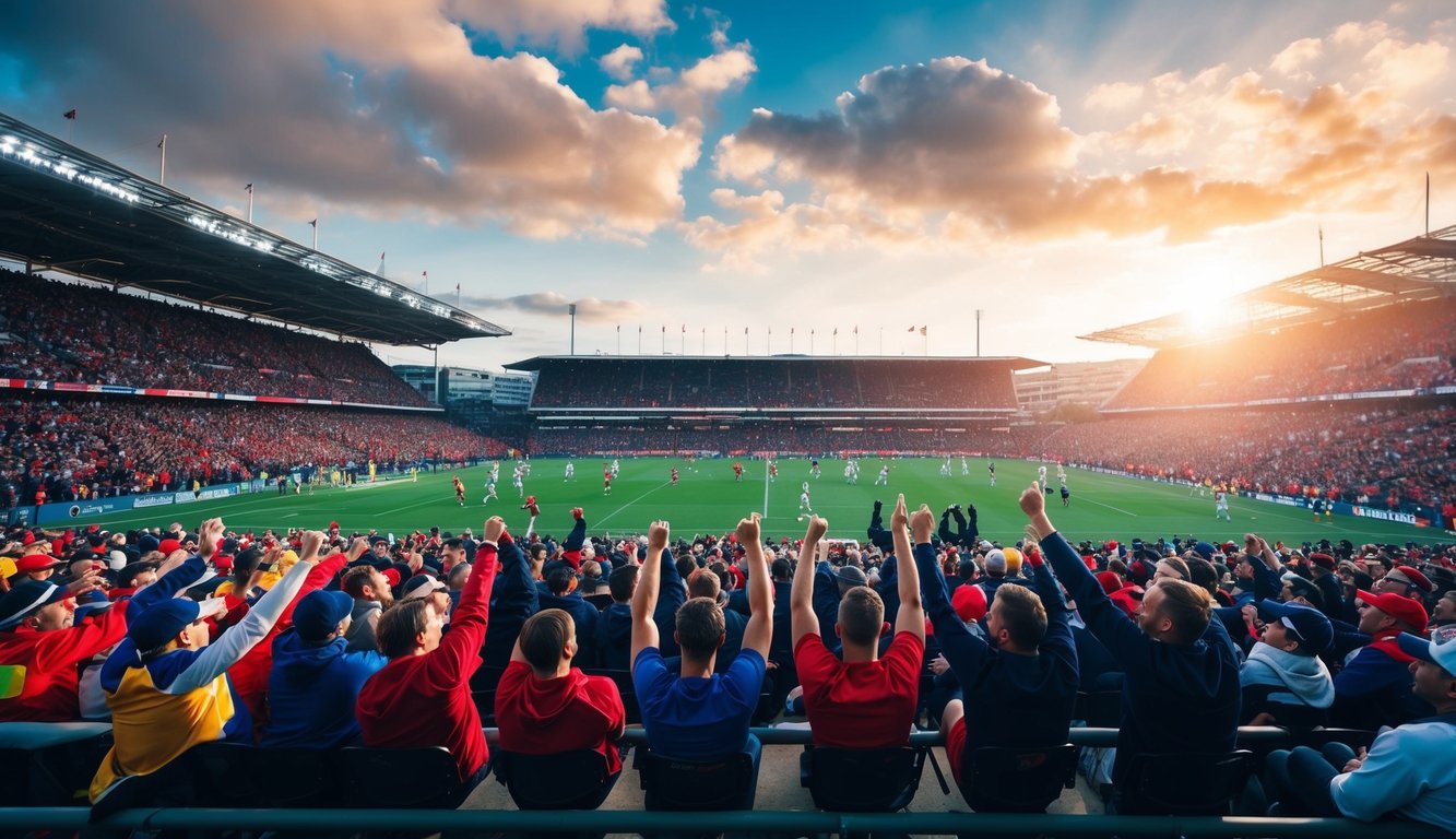 Sebuah stadion olahraga yang ramai dengan penggemar yang bersorak dan pemain yang beraksi di lapangan