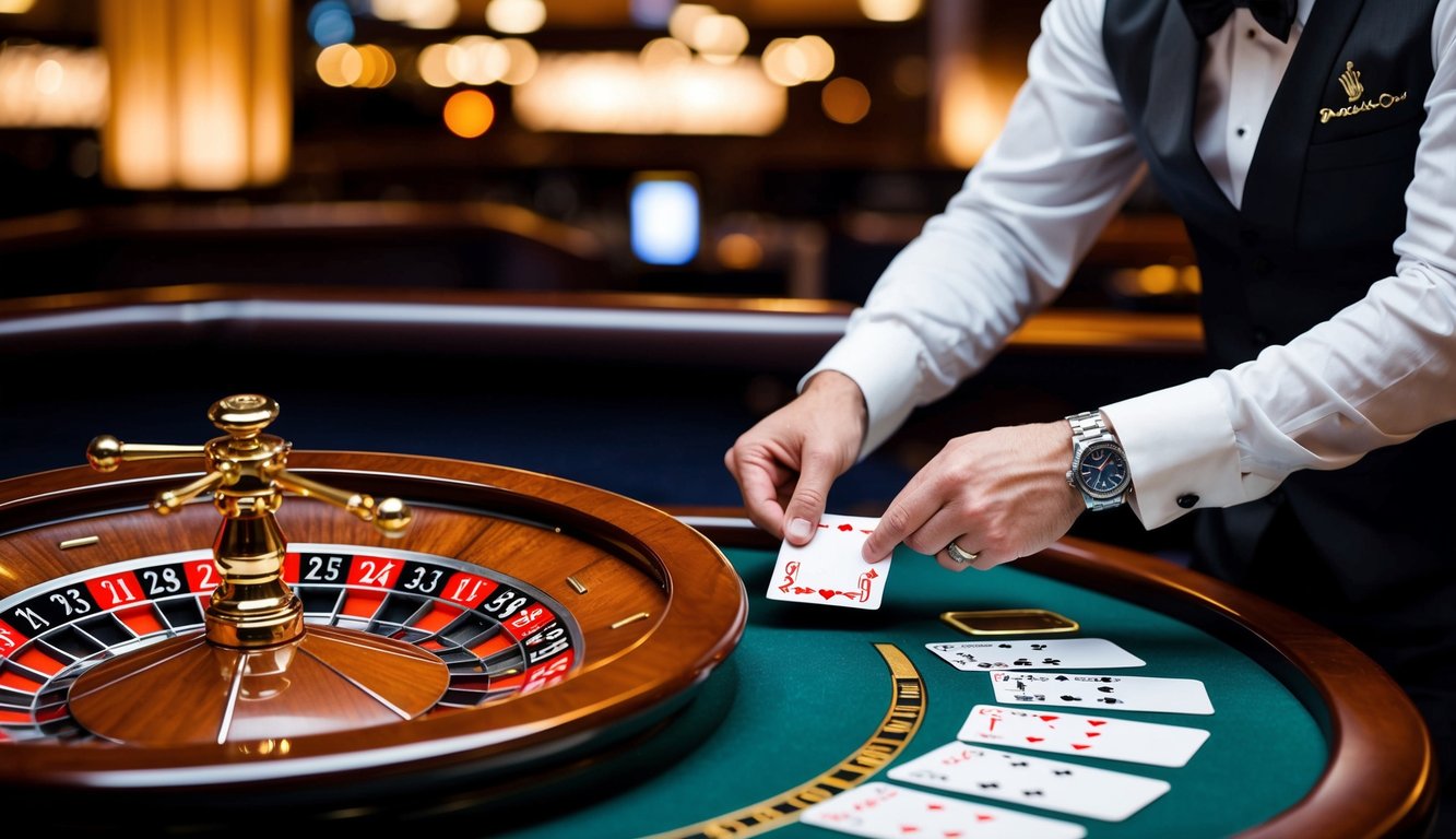 Roda roulette berputar saat seorang dealer mengocok kartu di meja kasino langsung