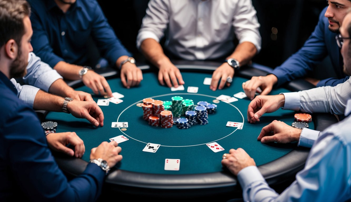 Sekelompok pemain poker berkumpul di sekitar meja, kartu dan chip mereka tersebar saat mereka terlibat dalam permainan dengan taruhan tinggi