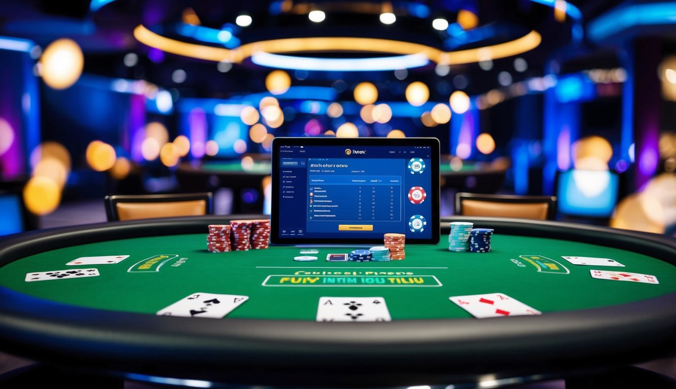 Sebuah meja poker online yang hidup dengan kartu, chip, dan antarmuka yang ramping, dikelilingi oleh lingkungan permainan yang modern dan bergaya