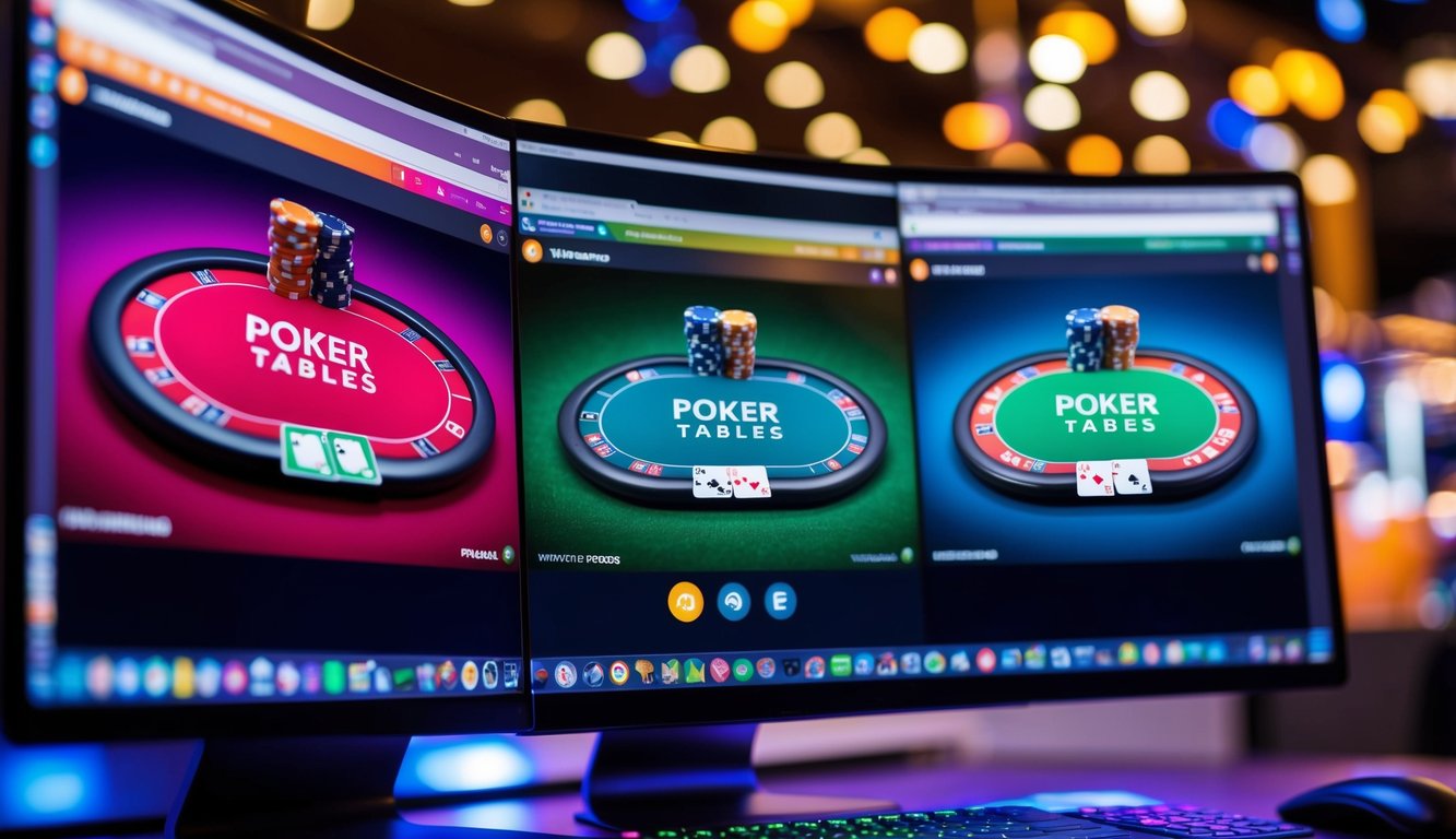 Antarmuka digital yang hidup dengan beberapa meja poker dan pilihan permainan ditampilkan di layar komputer