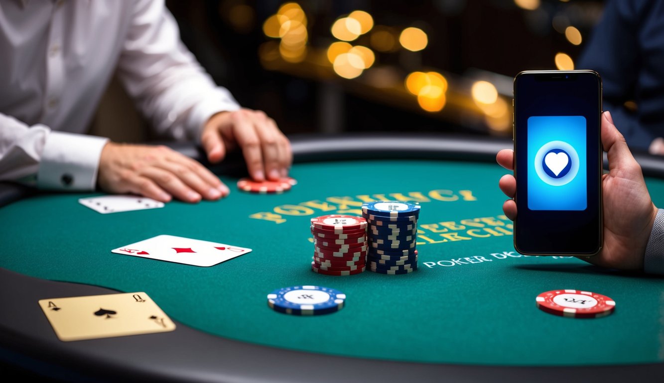 Sebuah meja poker dengan chip, kartu, dan sebuah ponsel dengan layar deposit yang berdenyut