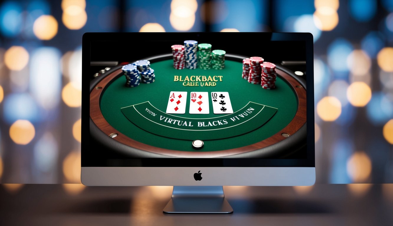 Sebuah layar digital menampilkan meja blackjack virtual dengan kartu yang dibagikan dan chip yang ditumpuk, dikelilingi oleh antarmuka yang ramping dan modern