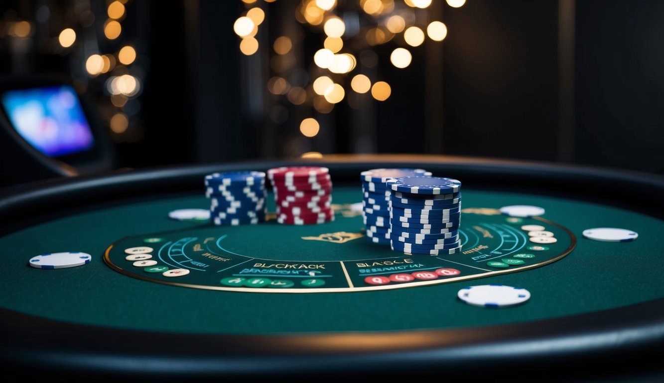 Sebuah meja blackjack online yang ramping dengan kartu dan chip digital, diletakkan di latar belakang gelap yang canggih dengan sedikit nuansa suasana kasino