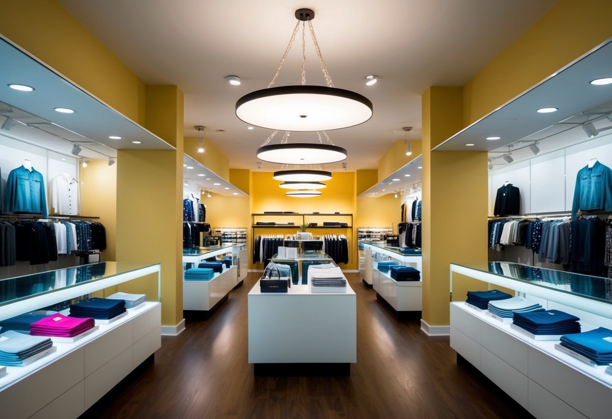 Brightly lit retail space with 10 strategically placed light fixtures casting a warm, inviting glow over merchandise and enhancing the overall ambiance