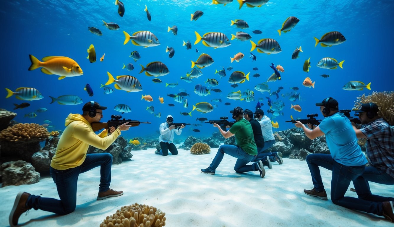 Dunia bawah laut yang berwarna-warni dengan berbagai ikan yang berenang di sekitarnya, dan sekelompok orang yang sedang bermain permainan tembak-menembak online.