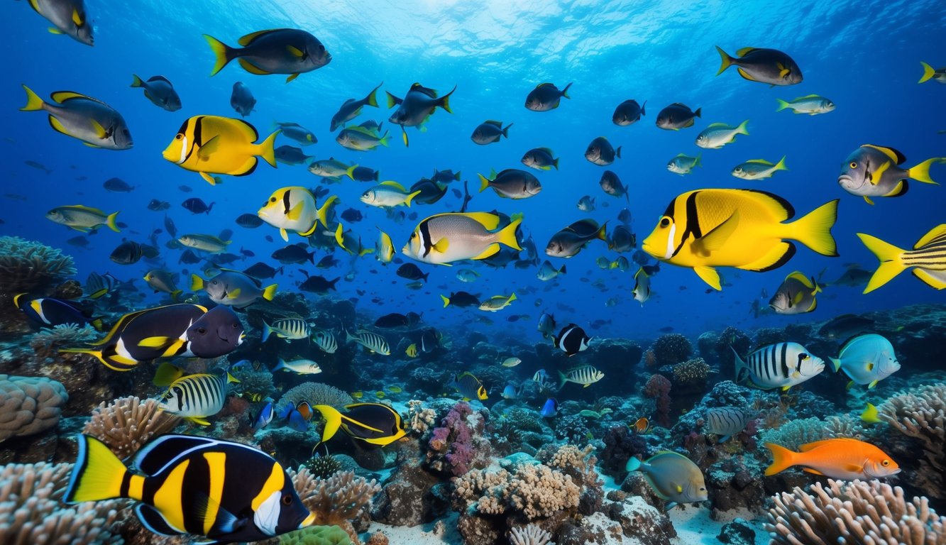 Sebuah dunia bawah laut yang ramai dengan ikan berwarna-warni dan berbagai makhluk laut yang berenang di sekitar lokasi menembak ikan yang dapat dipercaya