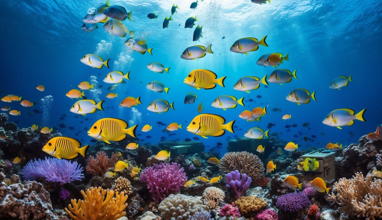 Sebuah dunia bawah laut yang ramai dengan ikan berwarna-warni dan terumbu karang yang cerah, dikelilingi oleh suara tembakan dan percikan saat permainan slot tembak ikan gacor berlangsung.