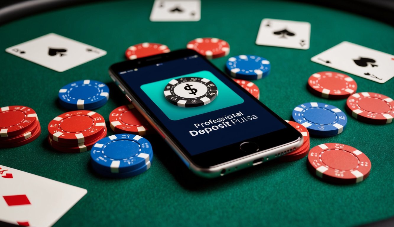 Sebuah smartphone dengan layar deposit pulsa, dikelilingi oleh chip poker dan kartu bermain di atas meja felt hijau