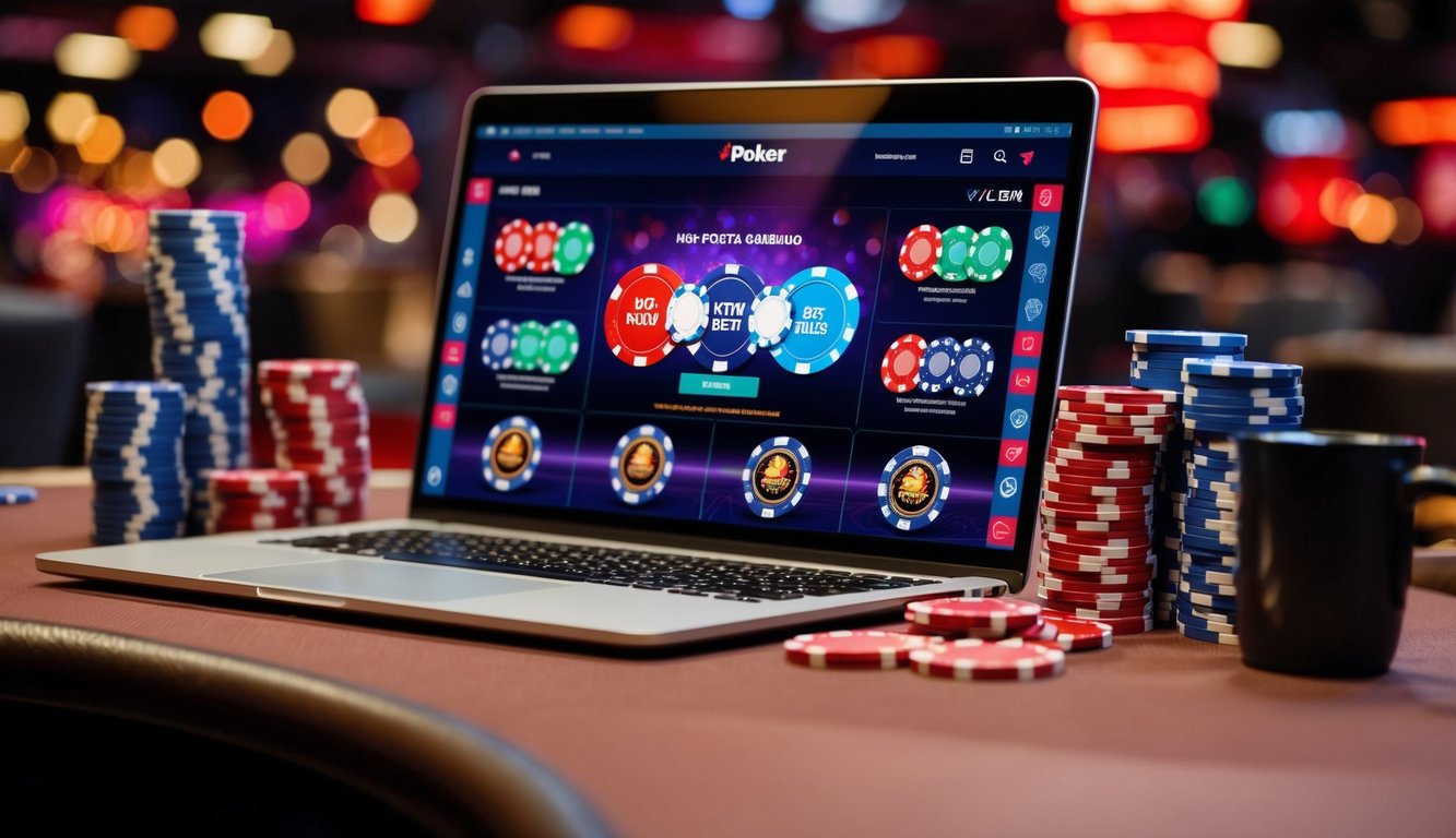 Situs perjudian online yang hidup dengan chip poker, kartu, dan antarmuka yang ramping