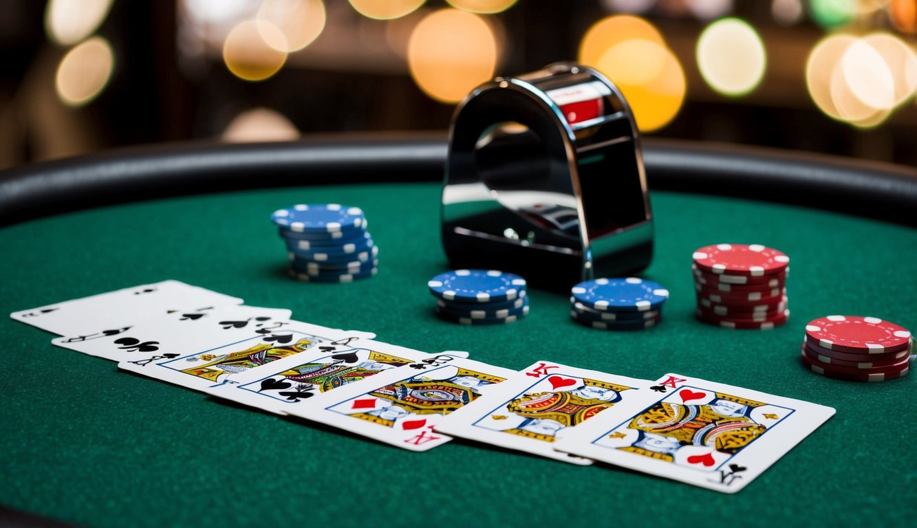 Sekelompok kartu bermain berwarna-warni tersebar di atas meja felt hijau, dengan chip poker dan alat pengocok kartu yang ramping di latar belakang