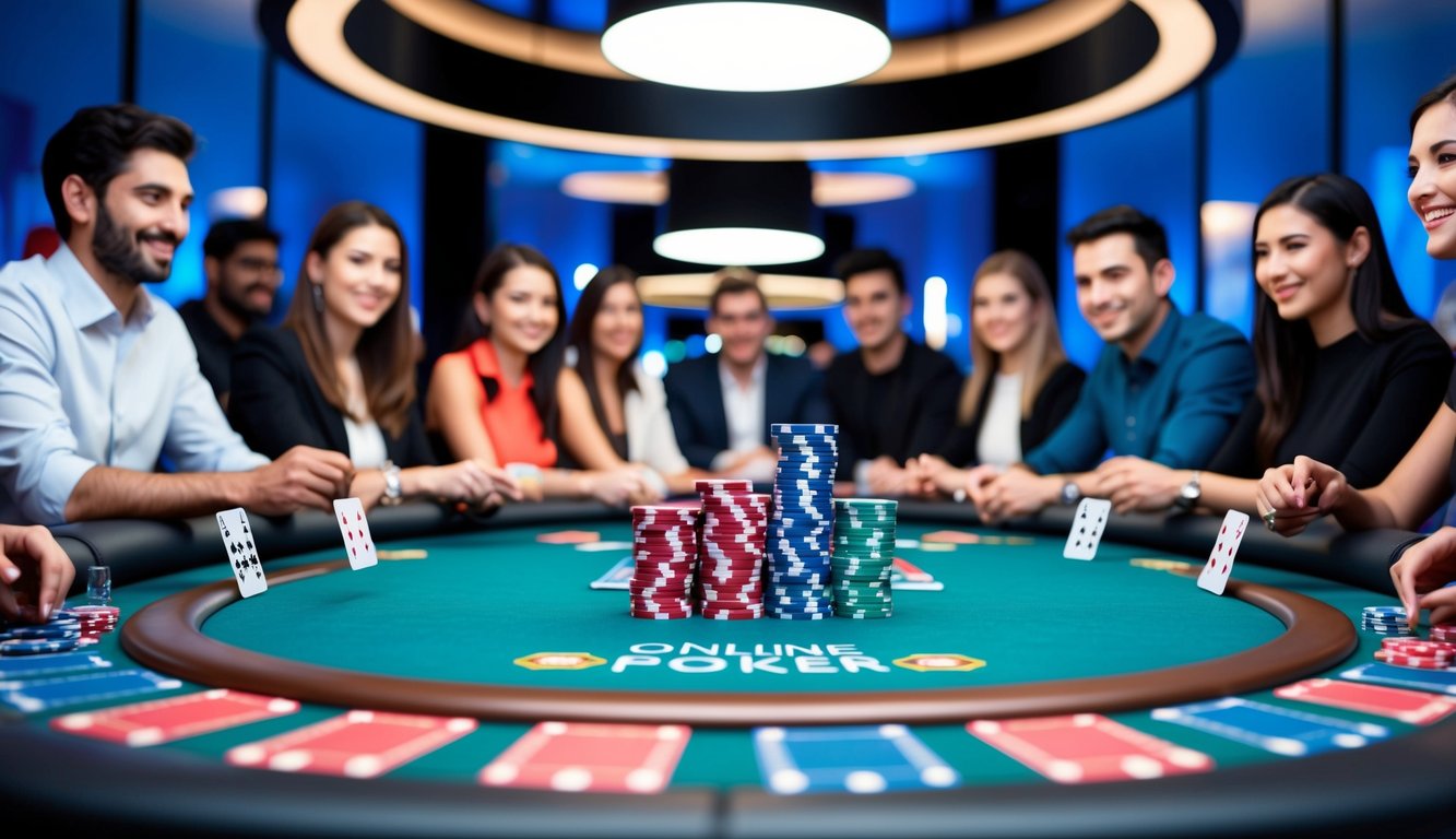 Sebuah meja poker online yang hidup dengan chip dan kartu berwarna-warni, dikelilingi oleh pemain yang antusias dalam suasana yang ramping dan modern