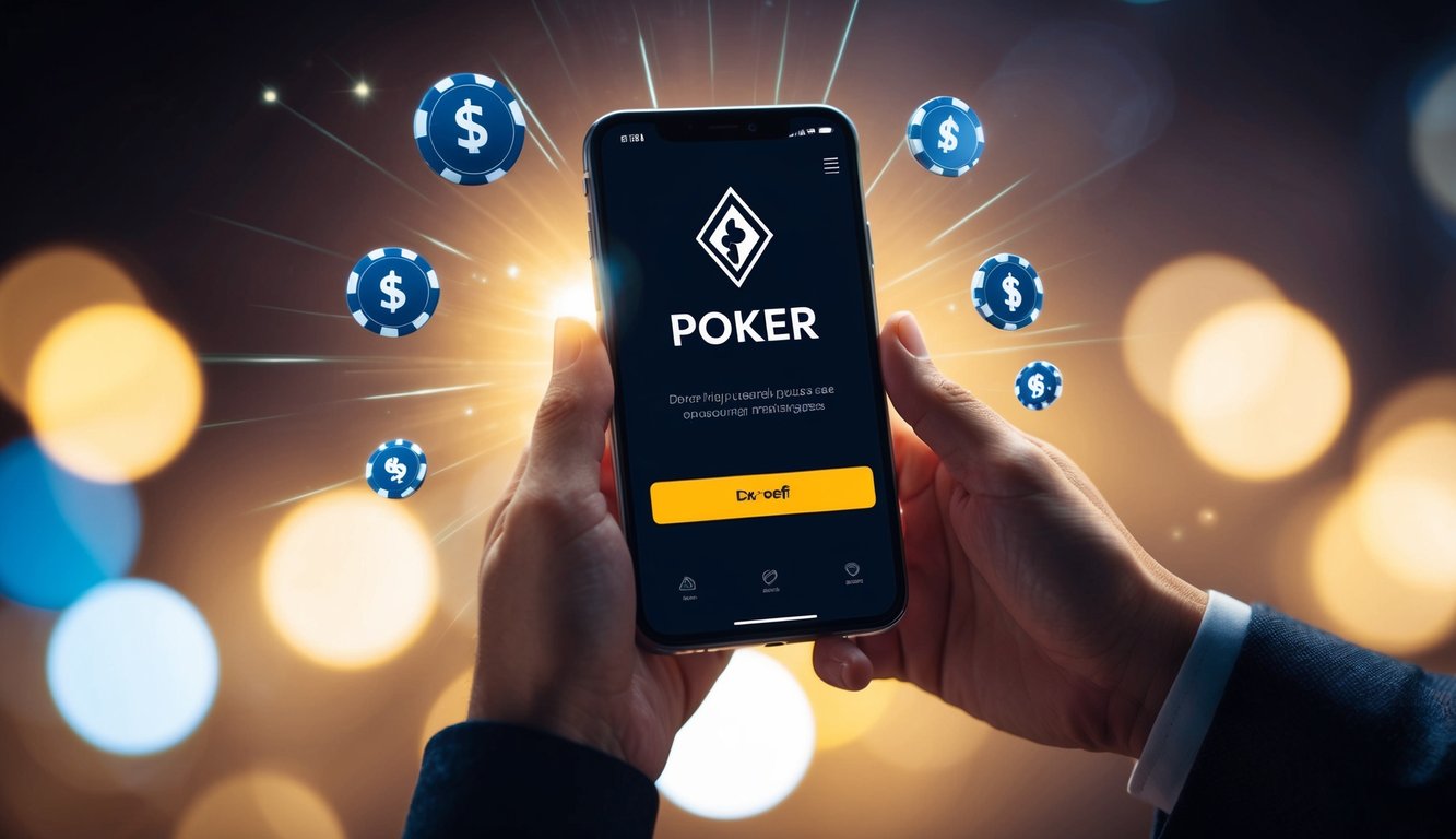 Sebuah tangan memegang smartphone dengan aplikasi poker terbuka, dikelilingi oleh simbol-simbol yang mengapung dan berdenyut serta tombol deposit yang bersinar