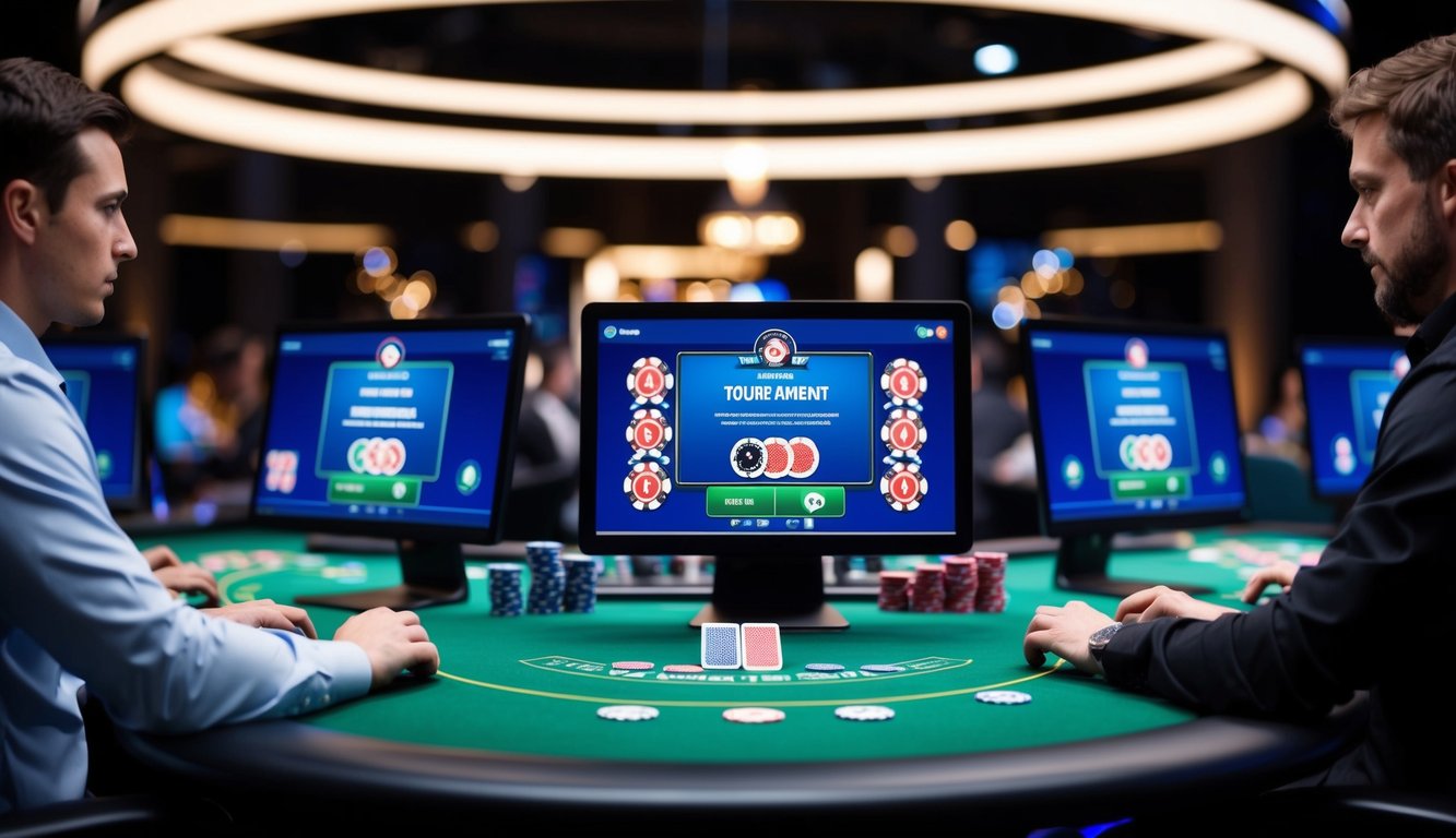 Turnamen poker virtual dengan banyak pemain di komputer mereka, kartu dan chip di meja, serta antarmuka digital yang menampilkan permainan.