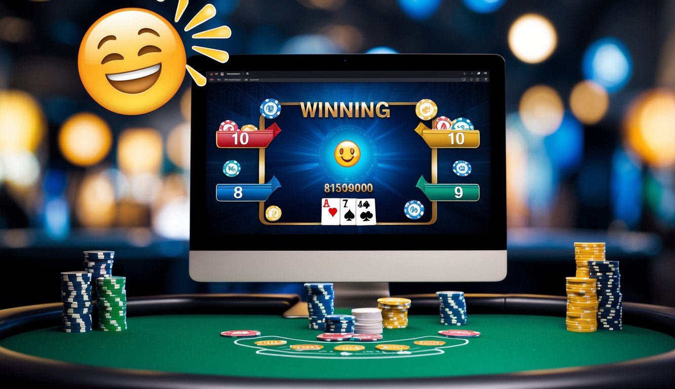 Meja poker dengan kartu dan chip digital, layar komputer yang menunjukkan tangan menang, dan emoji perayaan yang muncul