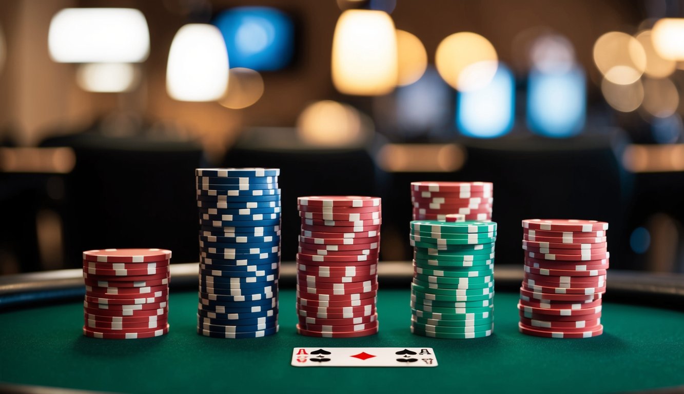 Sekelompok chip poker dan kartu animasi di meja virtual, tanpa bot yang hadir