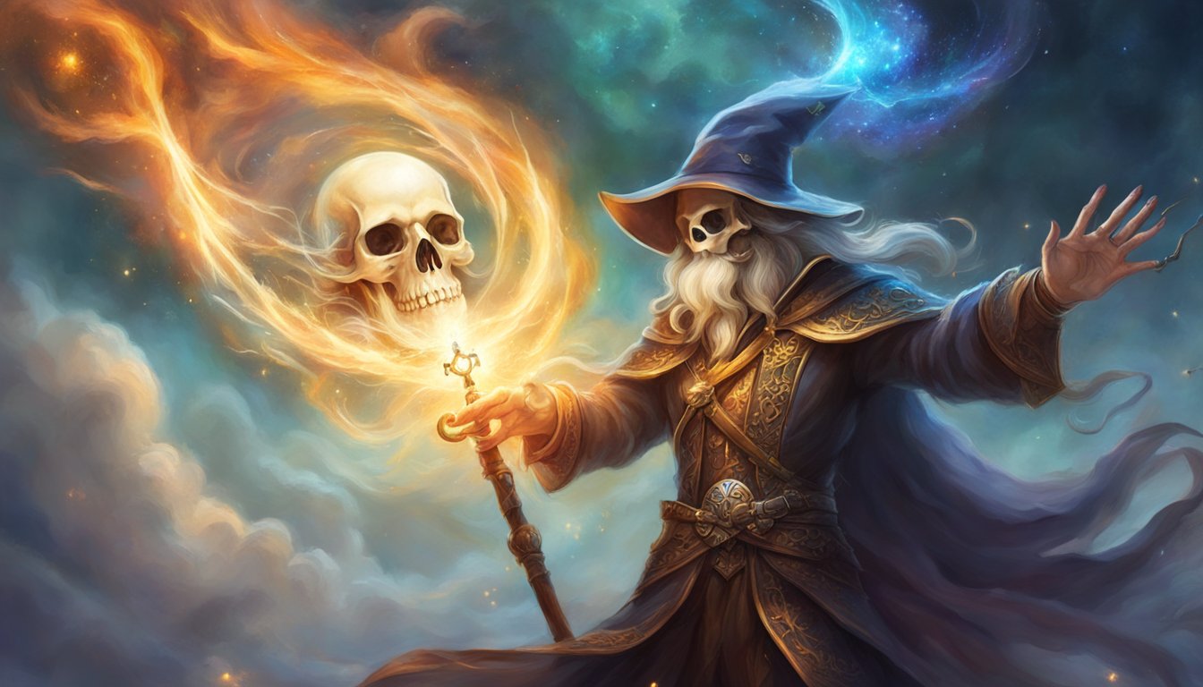 A wand casting a spell with a skull and crossbones hovering above