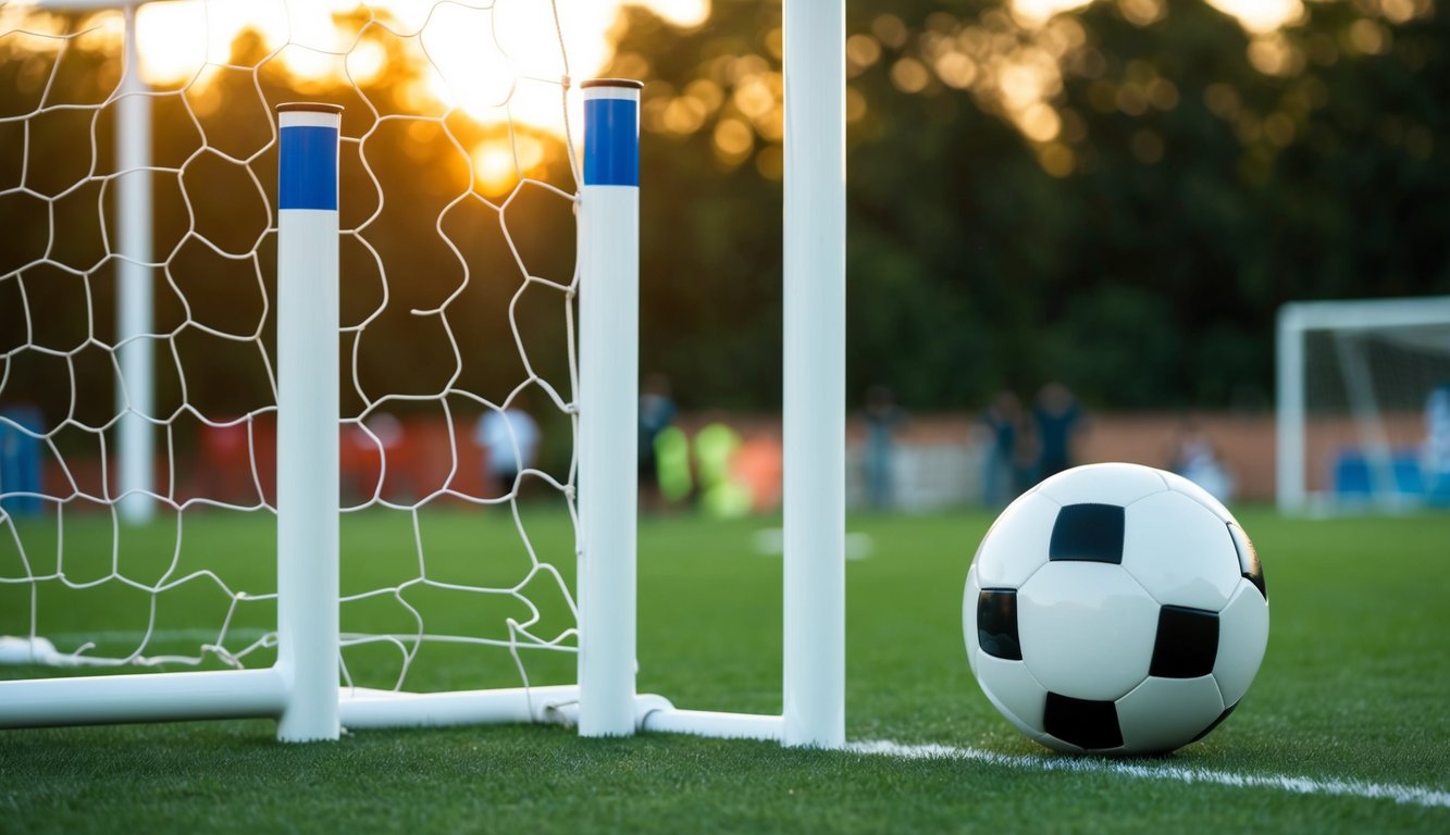 Sebuah bola sepak dan tiang gawang dengan penanda handicap