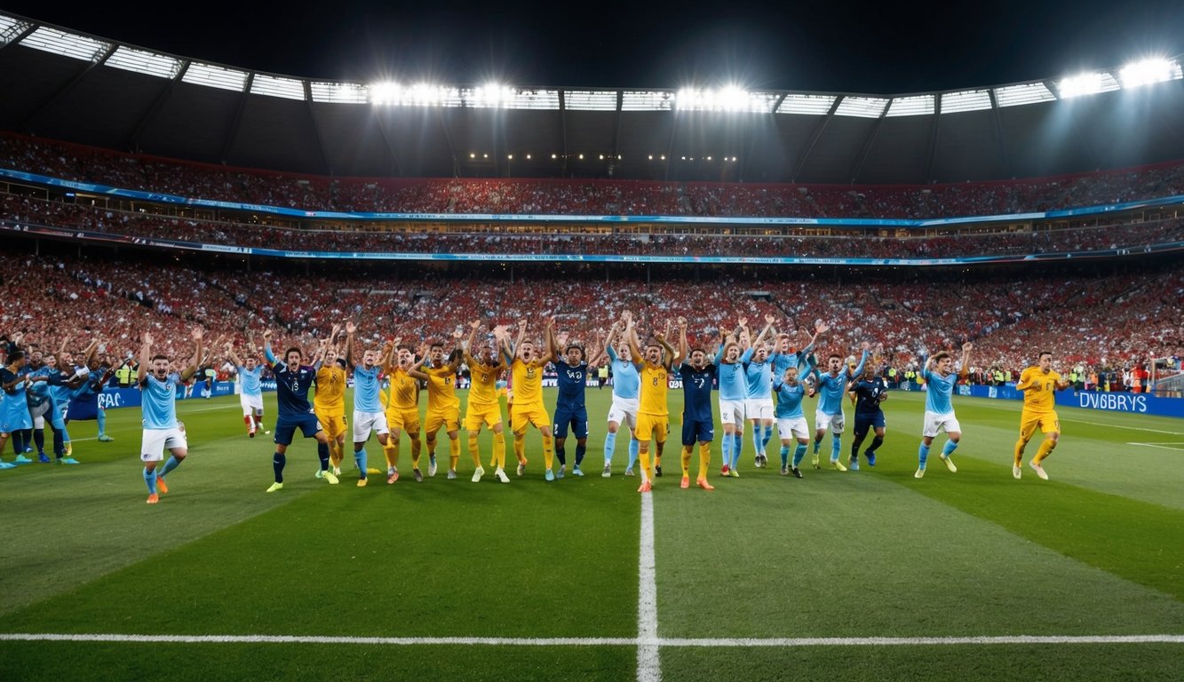 Sebuah stadion yang ramai dengan penggemar yang bersorak dan pemain di lapangan sepak bola