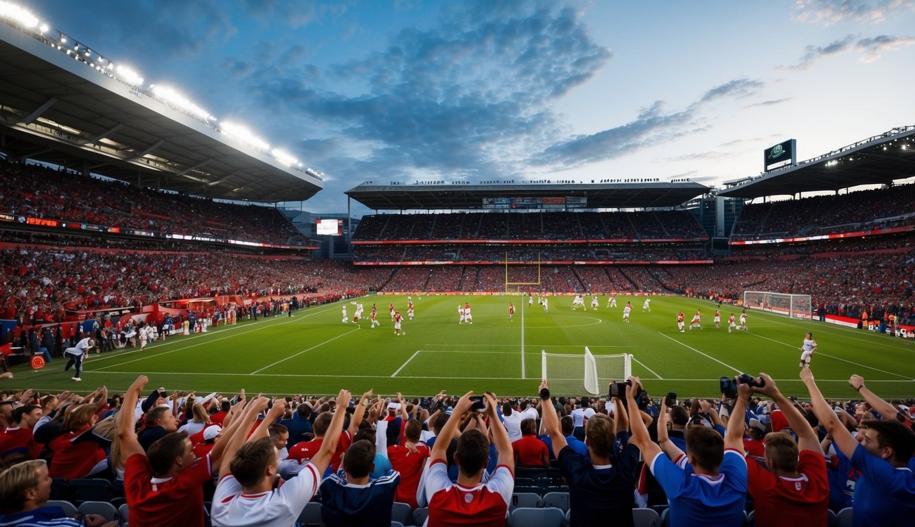 Sebuah stadion olahraga yang ramai dengan penggemar yang bersorak dan pemain yang beraksi di lapangan