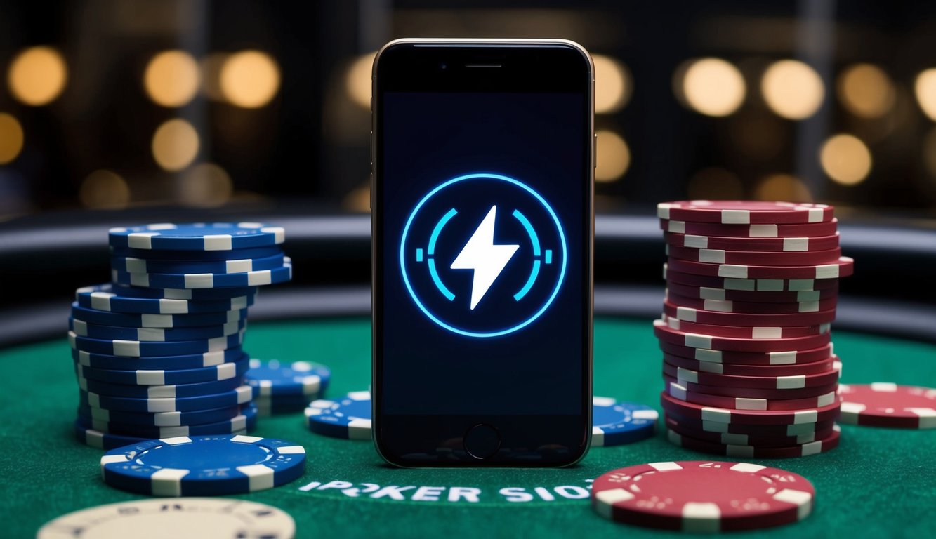 Sebuah smartphone dengan ikon sinyal berdenyut dikelilingi oleh tumpukan chip poker di atas meja felt hijau