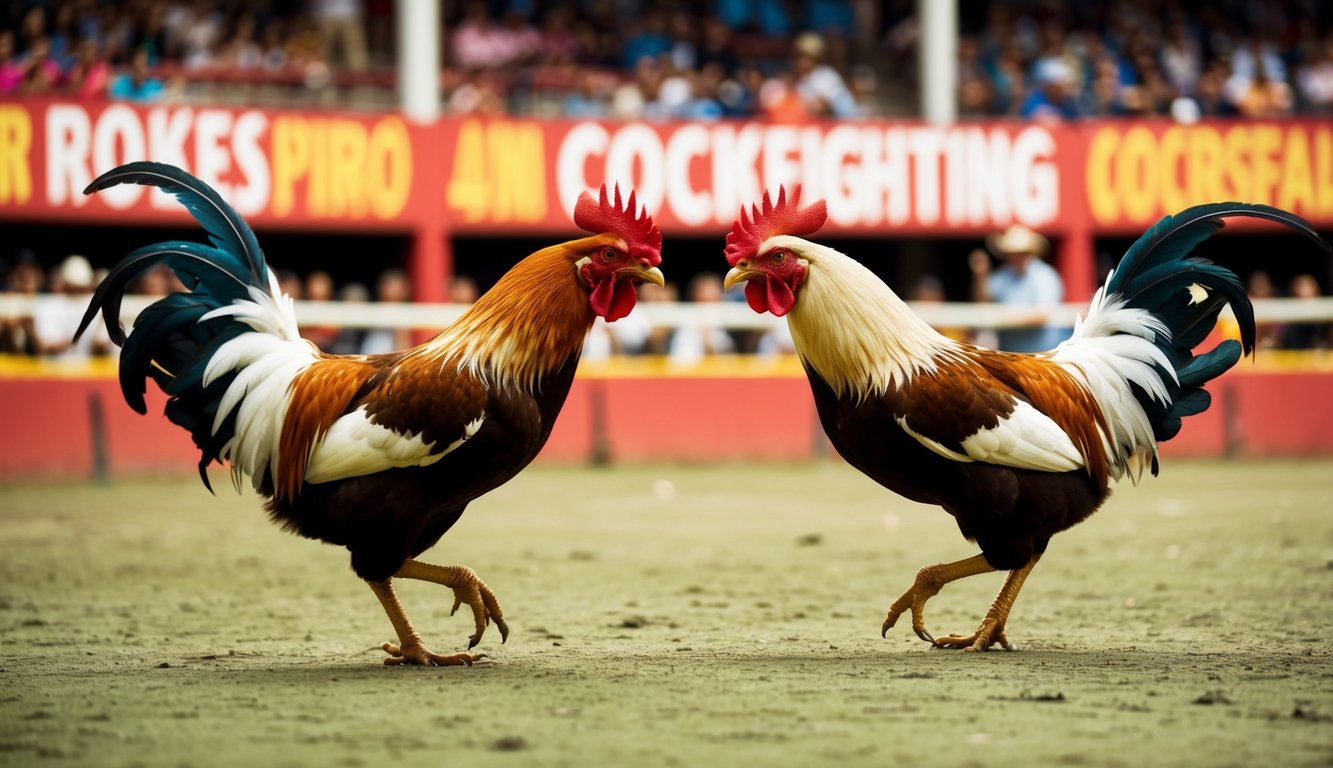 Sebuah arena sabung ayam yang ramai dengan penonton yang bersorak dan dua ayam jantan agresif yang saling berhadapan di tengah