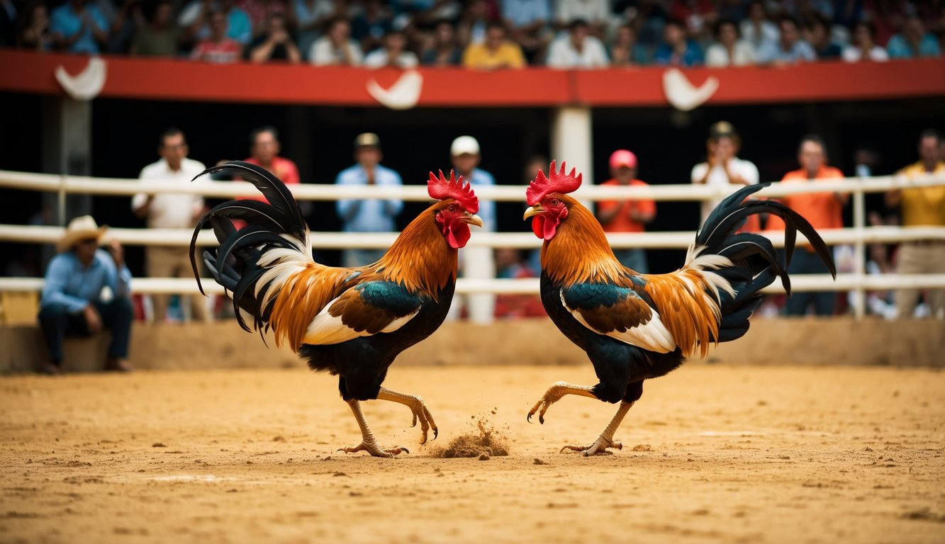 Arena sabung ayam dengan penonton yang bersorak dan dua ayam jantan yang terlibat dalam pertarungan