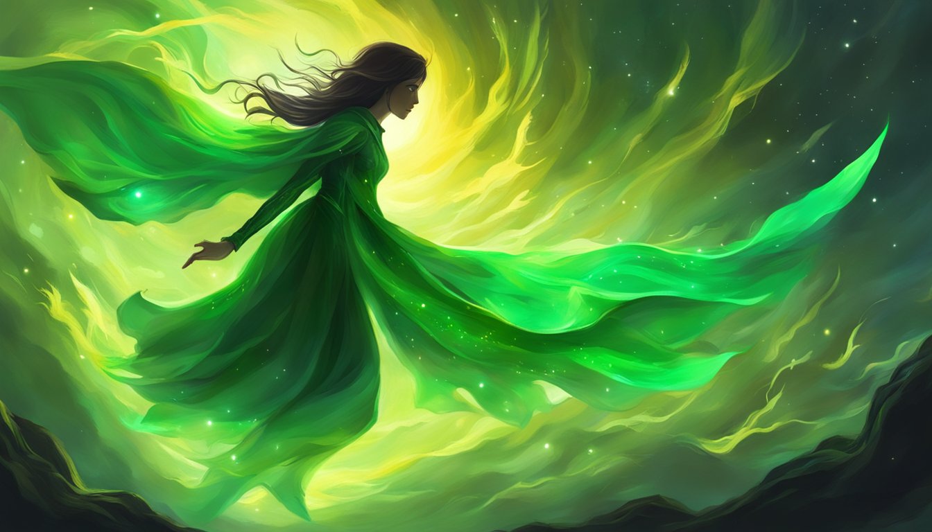 A flash of green light in the dark, a silhouette falling