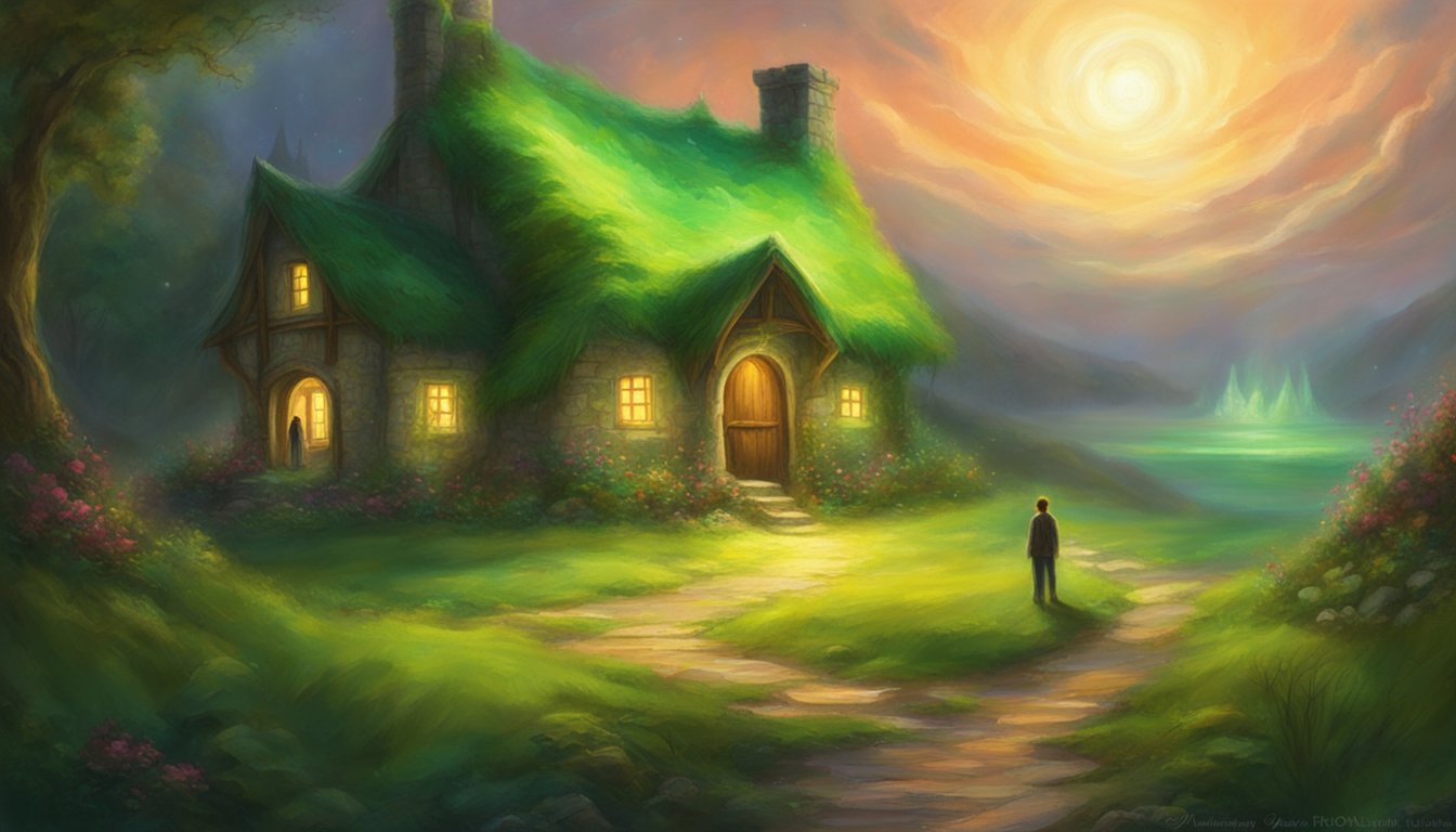 A flash of green light illuminates a dark, secluded cottage as a young couple stands protectively in front of their infant son