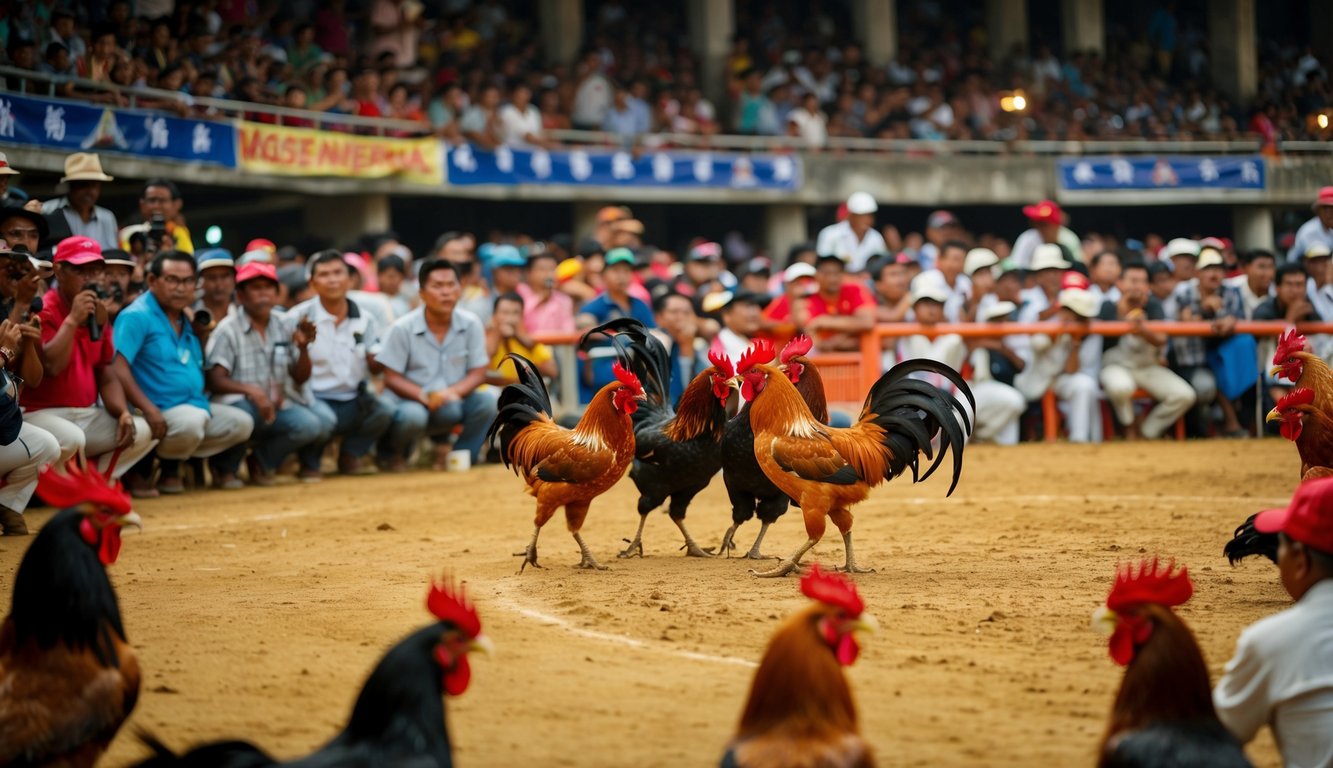 Sebuah arena yang ramai dengan ayam jantan bertarung dalam acara sabung ayam tradisional Indonesia. Para penonton bersorak dan memasang taruhan pada pertandingan yang intens.