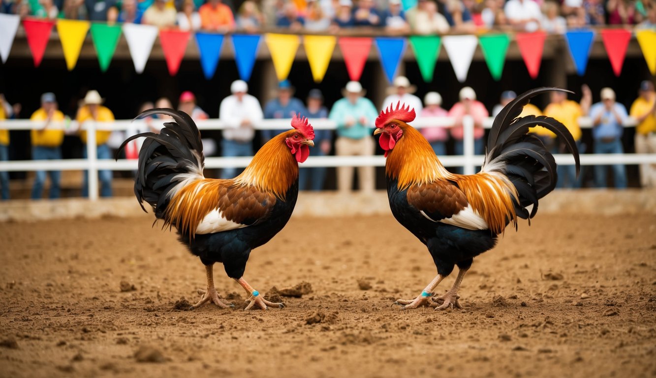 Dua ayam jantan berhadapan di dalam lubang tanah, dikelilingi oleh penonton yang bersorak dan spanduk berwarna-warni