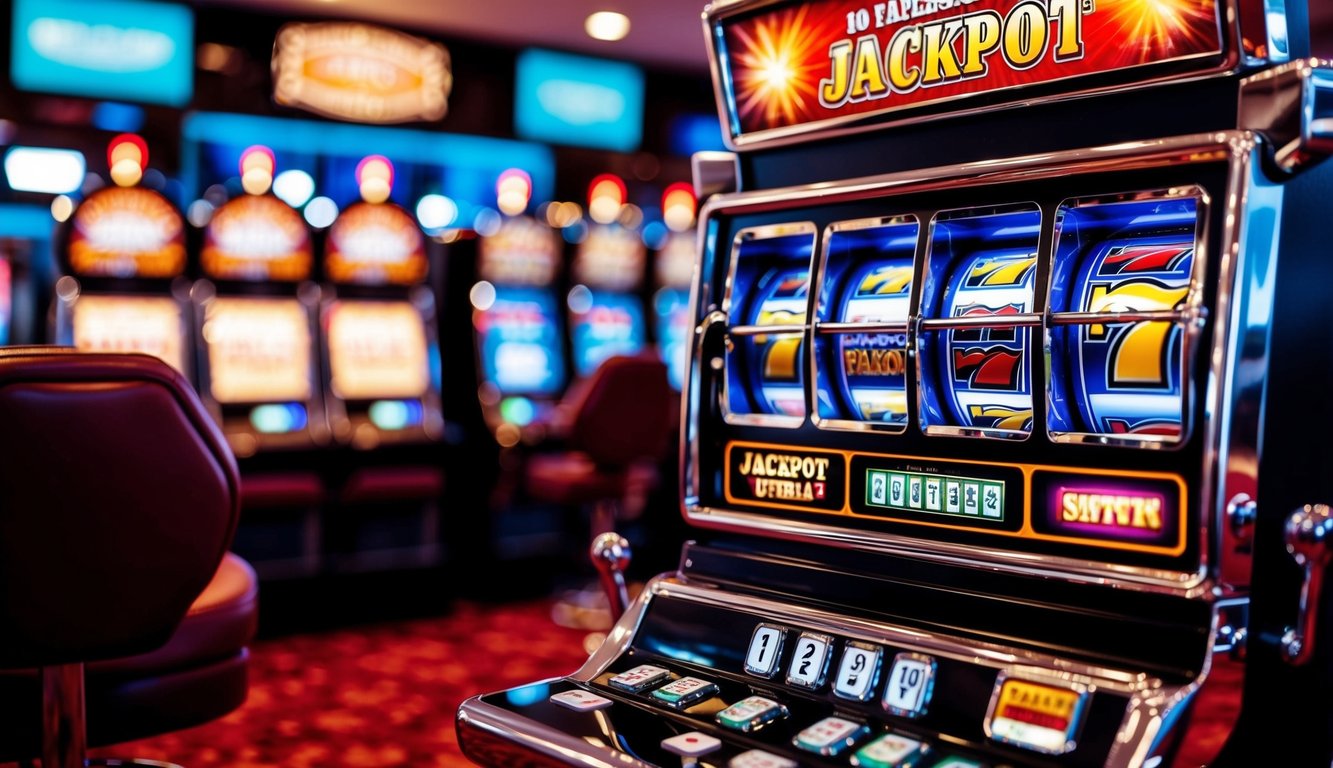 Mesin slot yang cerah dengan lampu berkedip dan tampilan jackpot besar