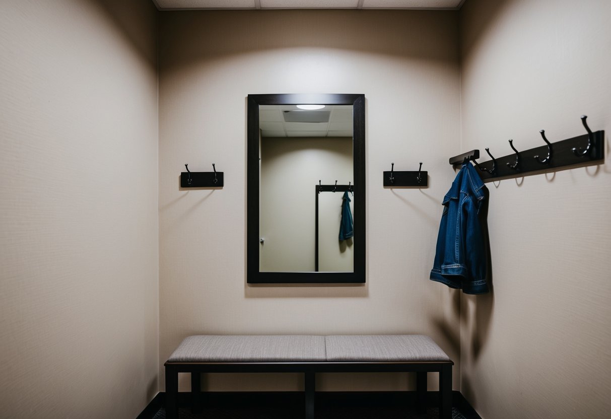 A changing room with a bench, mirror, and hooks on the wall