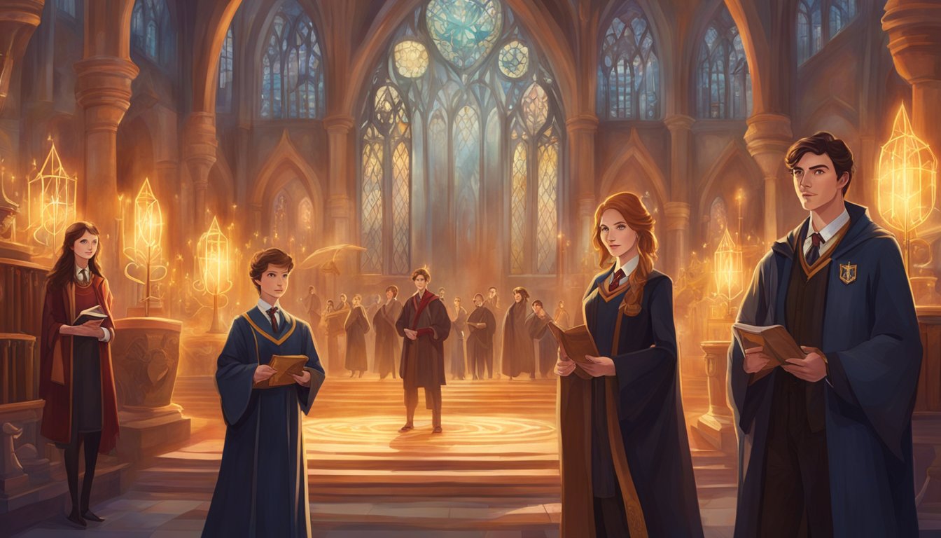 A group of Hogwarts teachers stand in front of their symbols representing their elective courses and advanced studies