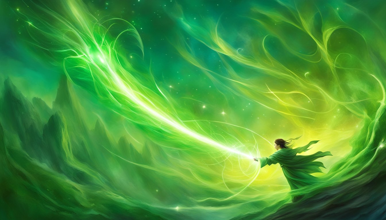 A green light bursts from a wand, aimed at a target, causing it to collapse