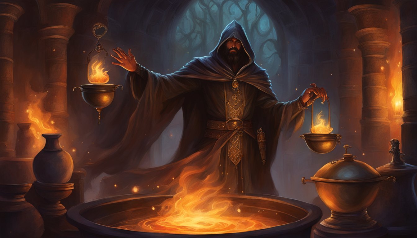 A dark figure looms over a cauldron, stirring a potion with a sinister grin. Shadows dance on the walls of a dimly lit chamber