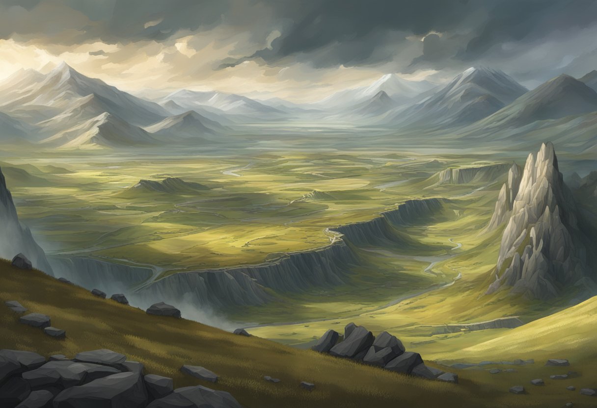 The vast battlefield of Pelennor Fields, with scattered ruins and rolling hills, under a dramatic sky