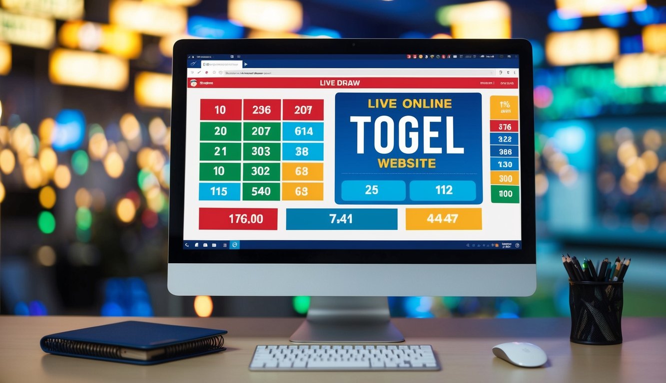 Sebuah layar komputer menampilkan hasil undian langsung untuk situs togel online, dengan grafik berwarna-warni dan angka yang ditampilkan secara real-time