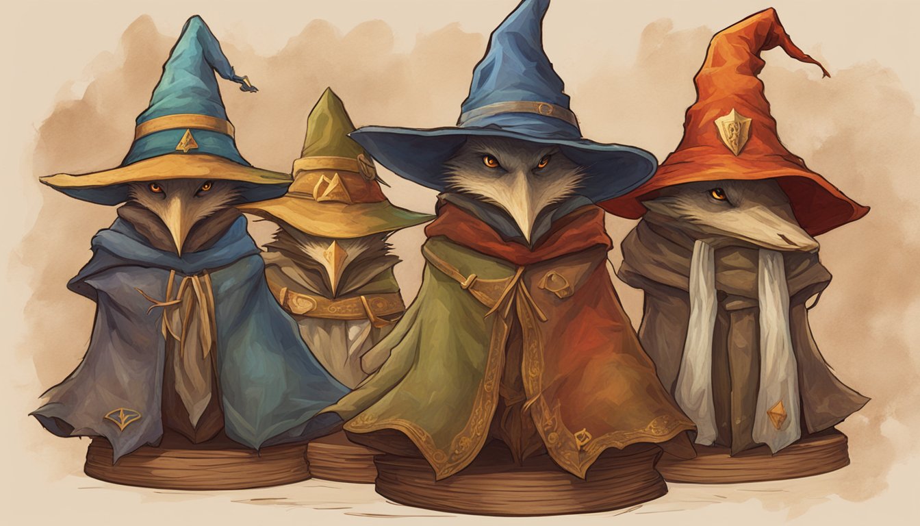A sorting hat sits atop a wooden stool, its tattered brim and weathered fabric hinting at its age. The four house crests are displayed prominently behind it, each representing the values and traits of their respective houses