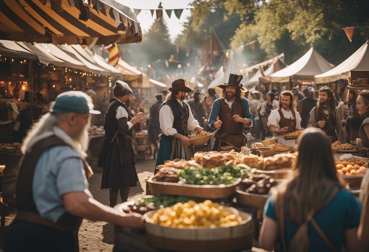 A bustling Renaissance fair with keto-friendly food stalls, colorful banners, and costumed attendees enjoying turkey legs and sugar-free treats