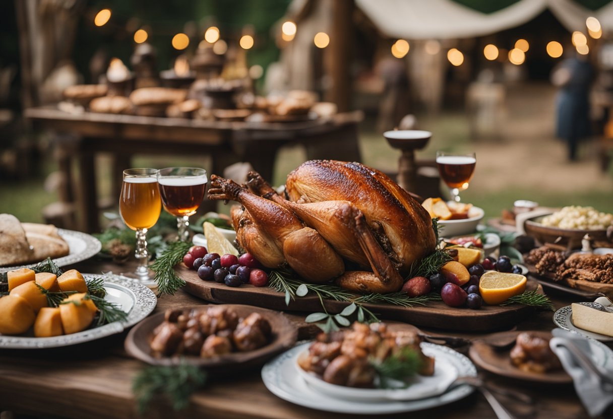 A rustic table spread with smoked turkey legs, surrounded by medieval-inspired decor at a Keto Renaissance Fair