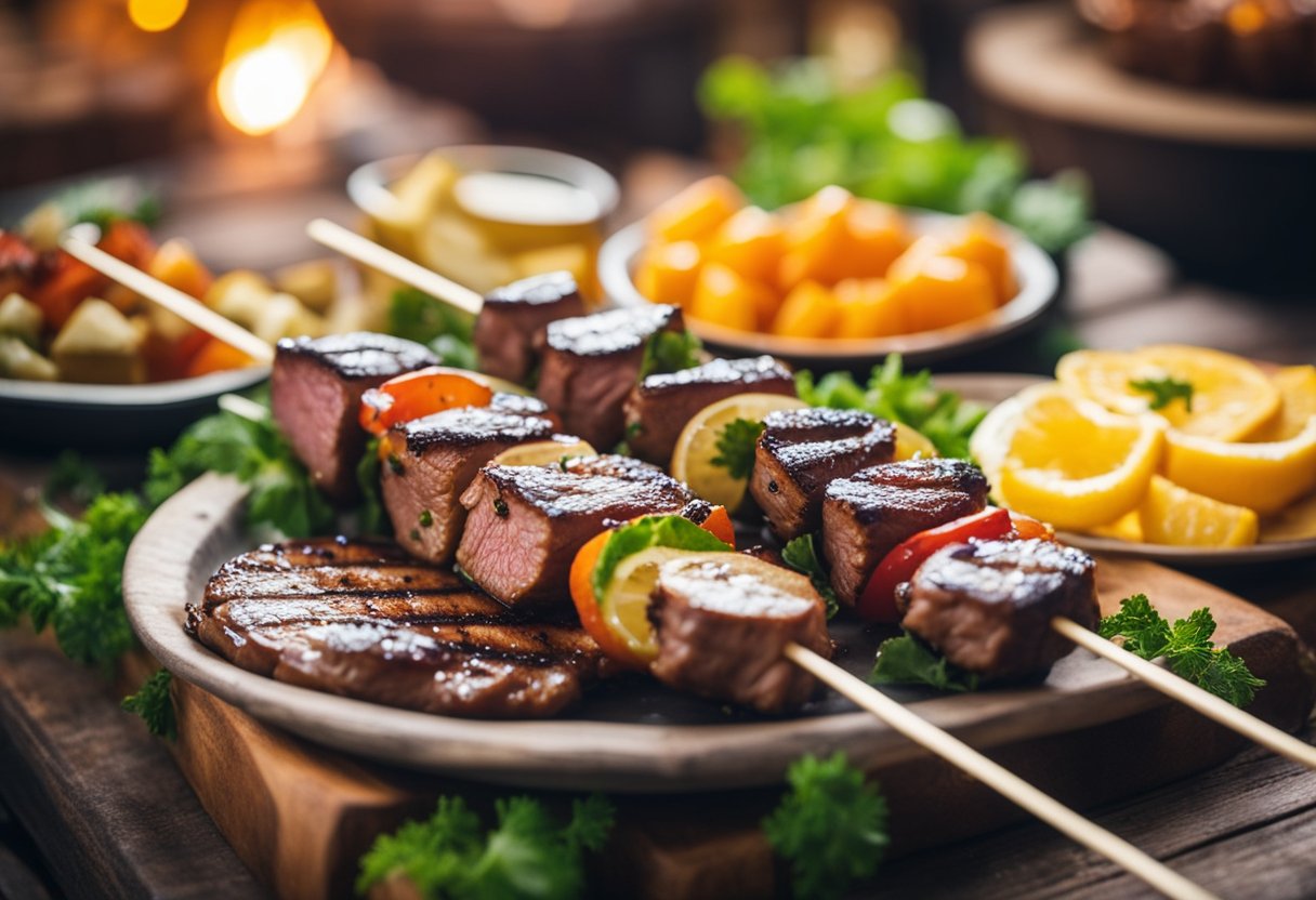 A juicy grilled steak skewered on a stick, surrounded by colorful Renaissance fair decorations and other keto-friendly food options