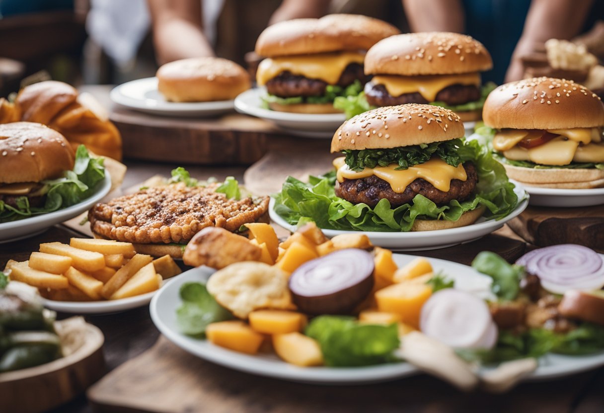 A spread of bunless burgers and keto-friendly fair foods on a wooden table at a Renaissance fair