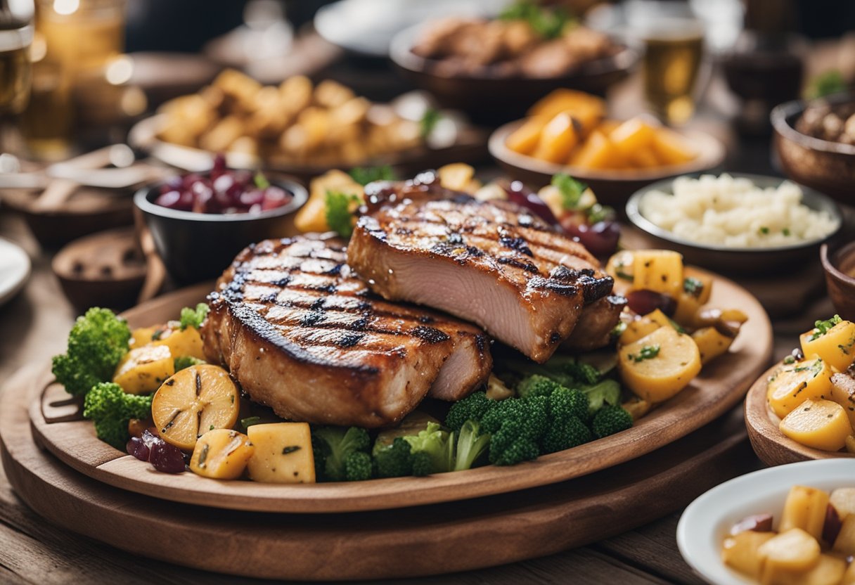 A platter of grilled pork chops surrounded by medieval-themed keto side dishes at a Renaissance fair